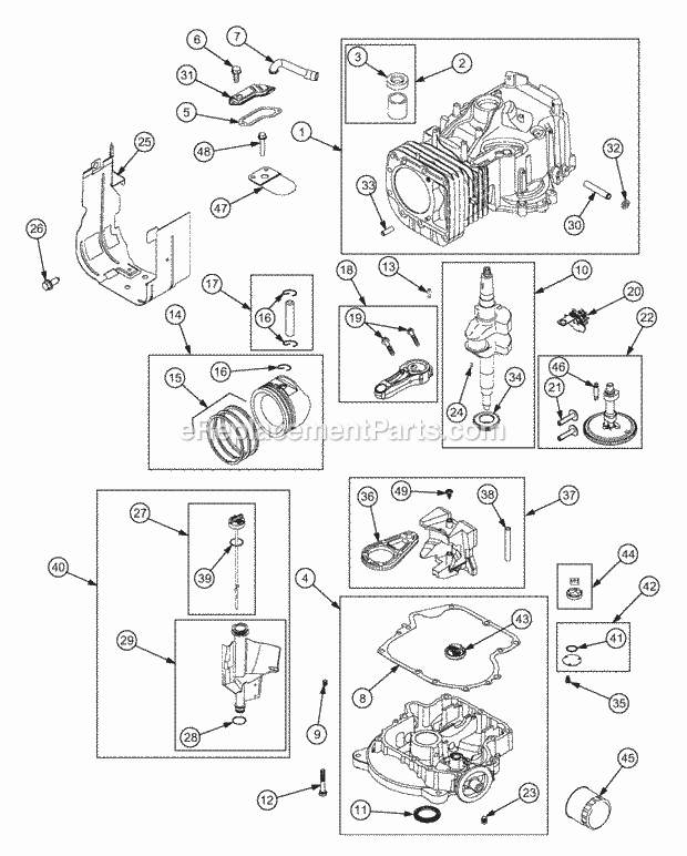Crankcase, Crankshaft And Piston Diagram and Parts List for RZT17 17AA5A4G710, 17AA5A4G712 Cub Cadet Lawn Mower